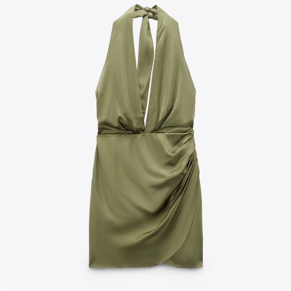 Zara Satin Effect Mini Dress Mid-Green